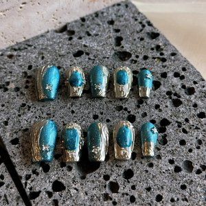 Teal Tempest/Handmade Regular Coffin Press on Nails